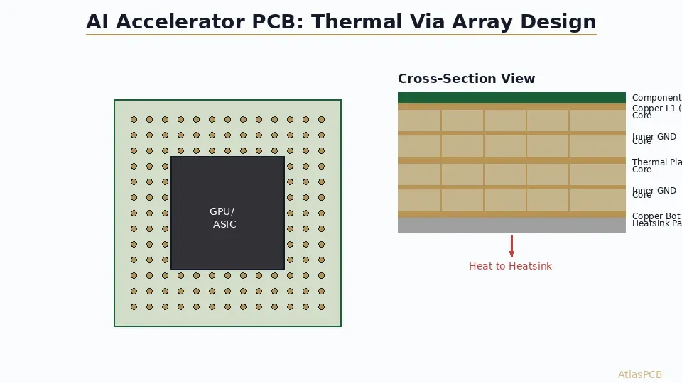 AI accelerator PCB thermal via array layout