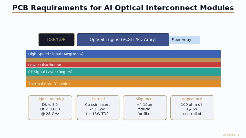 PCB Design for AI Optical Interconnect Modules: Material, Thermal, and Signal Integrity Requirements