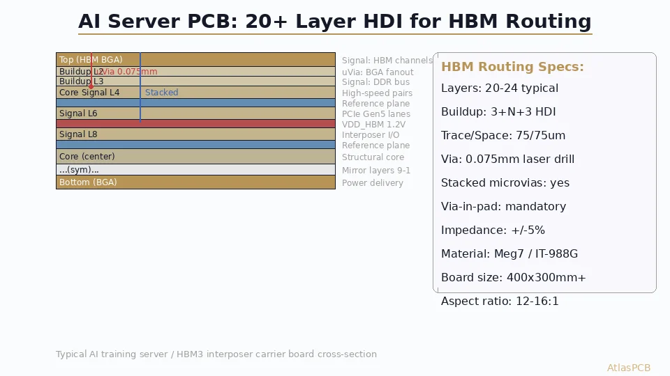 AI Training Server PCB: 20+ Layer HDI Stackup Requirements for HBM Memory Channel Routing
