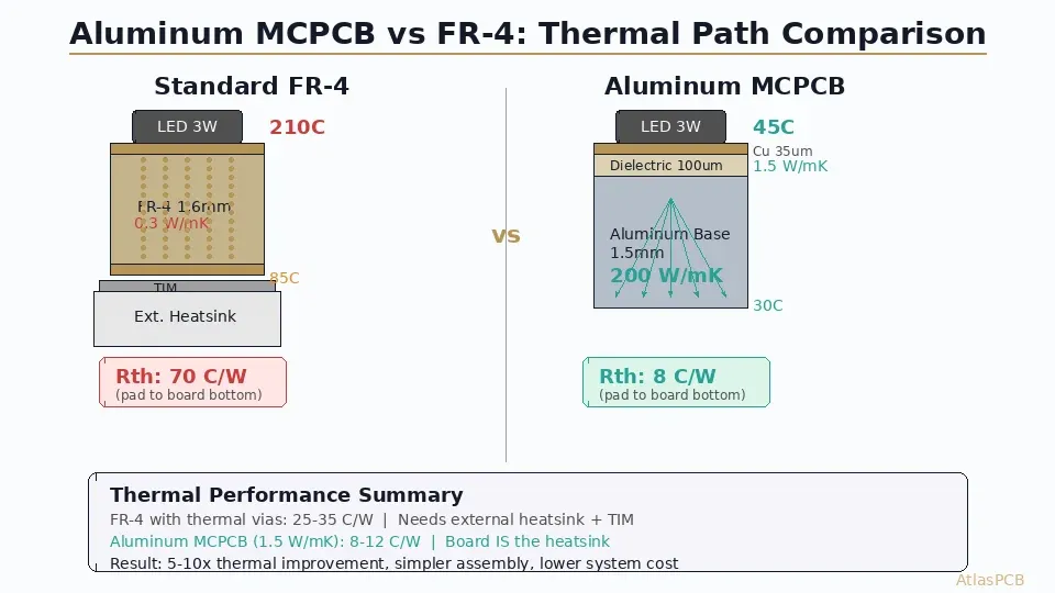 Aluminum MCPCB vs FR-4 thermal path comparison