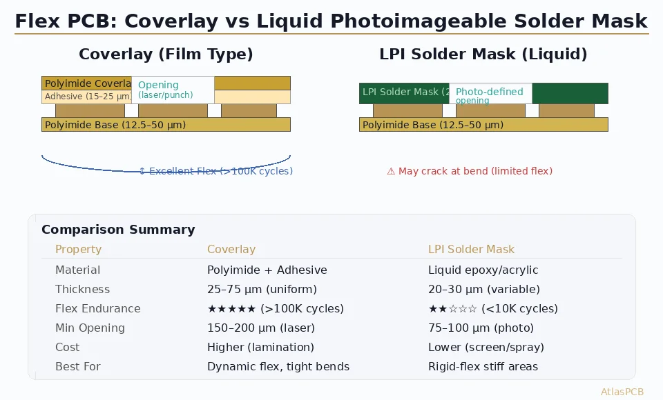 Flex PCB Coverlay vs Solder Mask: Material Selection, Design Rules, and Bend Reliability