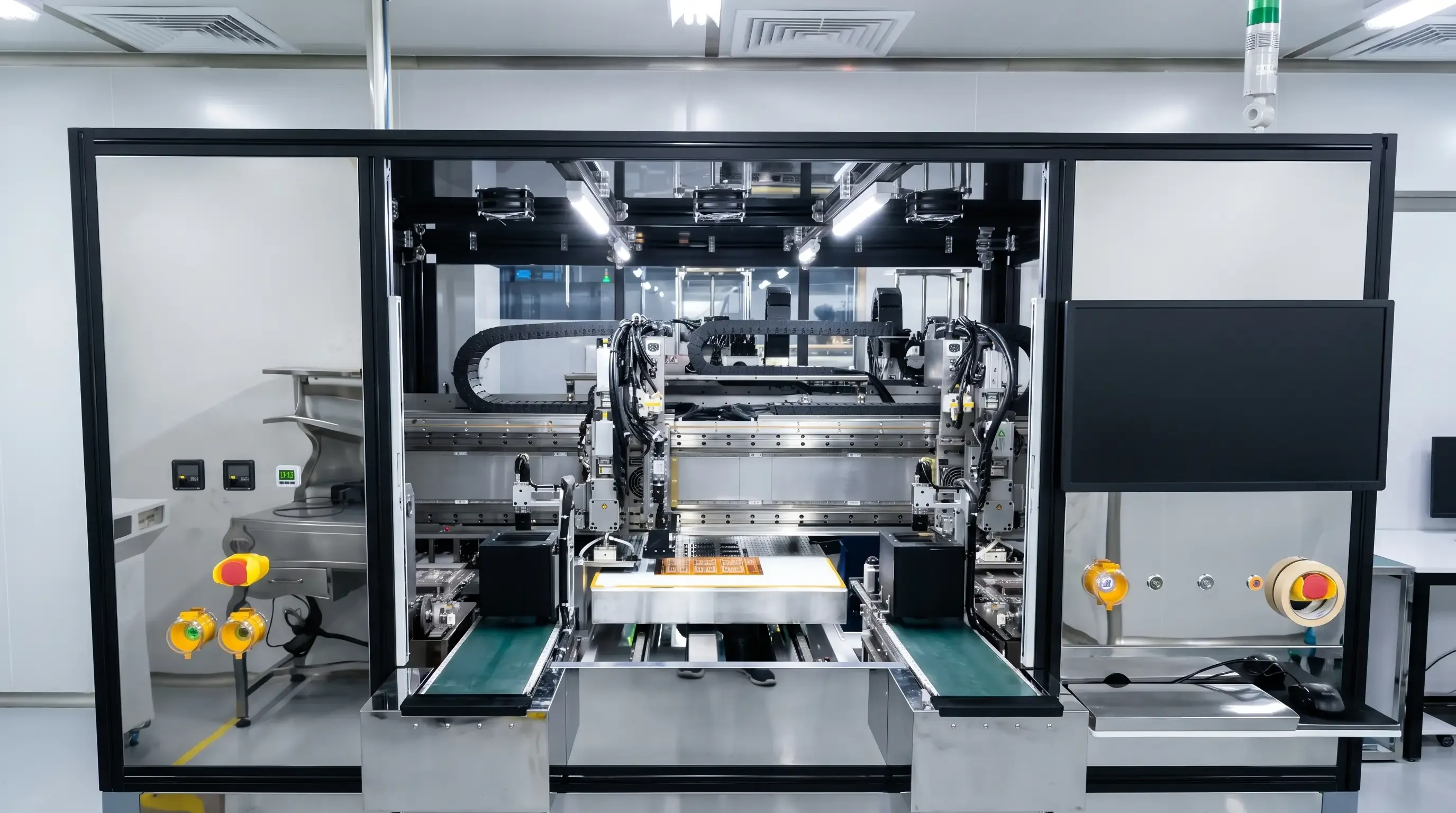 Hydraulic lamination press bonding PCB layers under heat and pressure