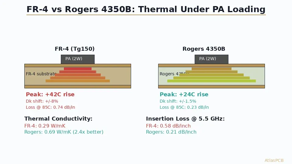 FR-4 vs Rogers thermal gradient comparison under power amplifier