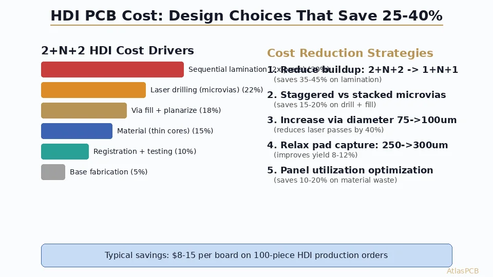 HDI PCB Cost Optimization: 5 Design Changes That Cut 2+N+2 Pricing by 25-40%