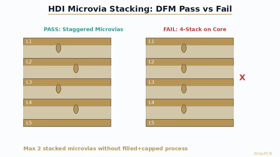 PCB DFM Check for HDI Designs: Microvia Stacking Rules and Fabrication Constraints Your EDA Tool Misses