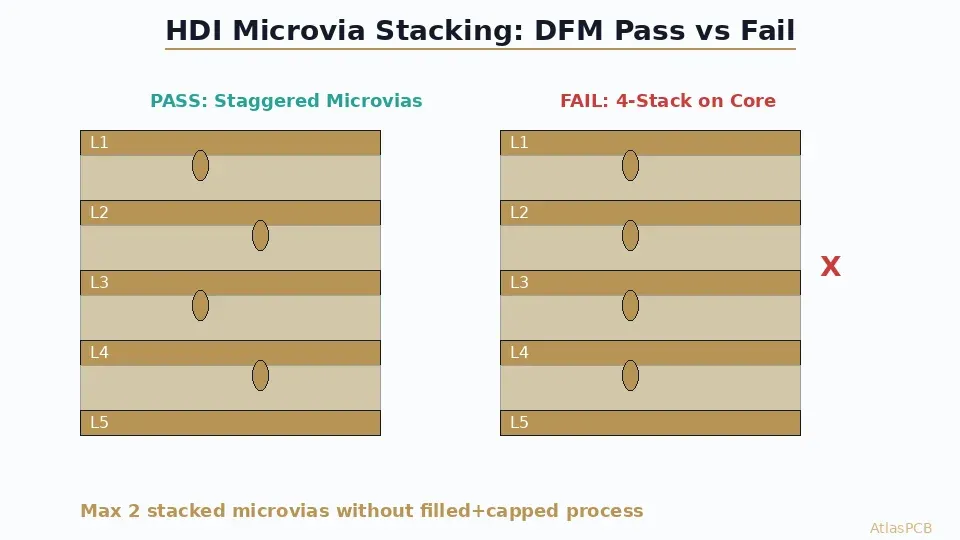 Diagram showing correct staggered microvia placement versus failed 4-stack configuration