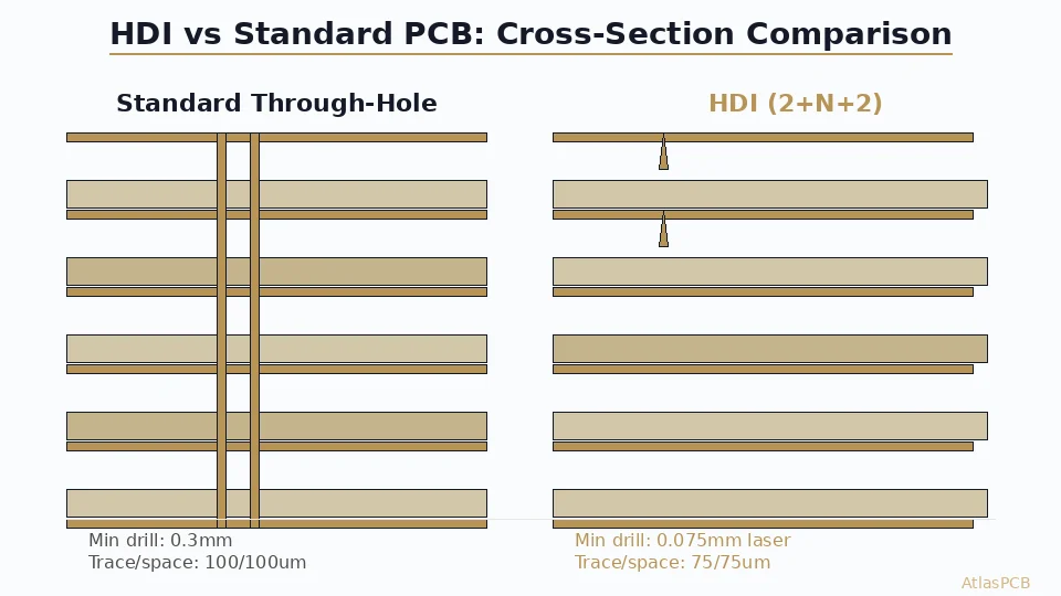 Comparing HDI PCB technology against standard through-hole construction: routing density, signal integrity, cost per layer, and decision criteria for engineers choosing between conventional and HDI fabrication.