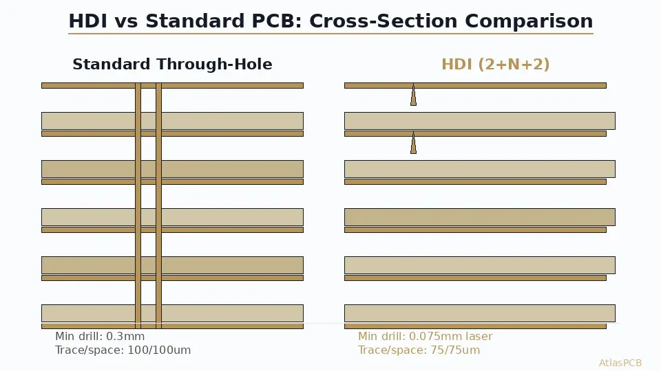 HDI vs Standard PCB cross-section comparison