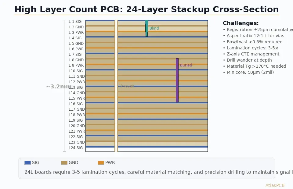 24-layer high layer count PCB stackup cross-section with through, blind, and buried vias and manufacturing challenges
