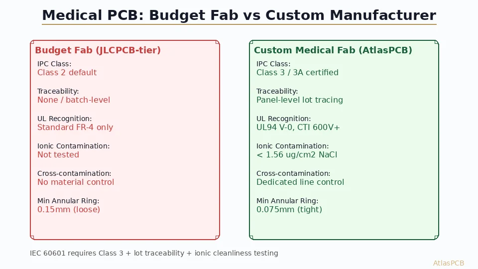 JLCPCB vs Custom PCB Manufacturer for Medical Devices: Why Budget Fabs Can't Meet IEC 60601