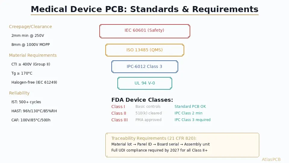 Medical device PCB standards hierarchy from IEC 60601 through ISO 13485 to IPC-6012 Class 3