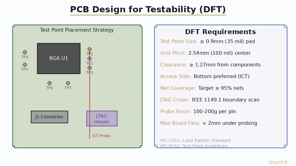 PCB Design for Testability (DFT): Test Point Placement, ICT Access, and Boundary Scan Strategy