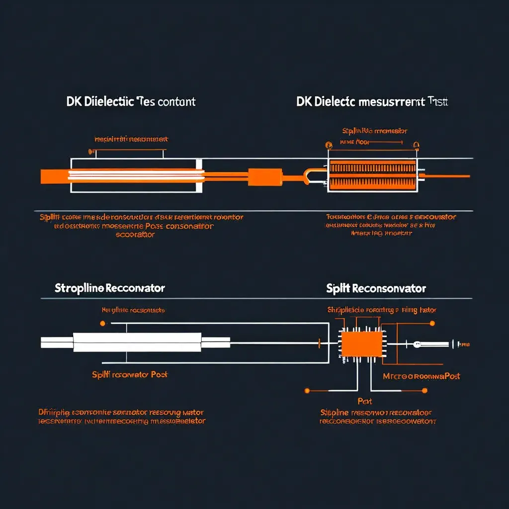Comparison of dielectric constant measurement methods showing SPDR, stripline resonator, and TDR setups