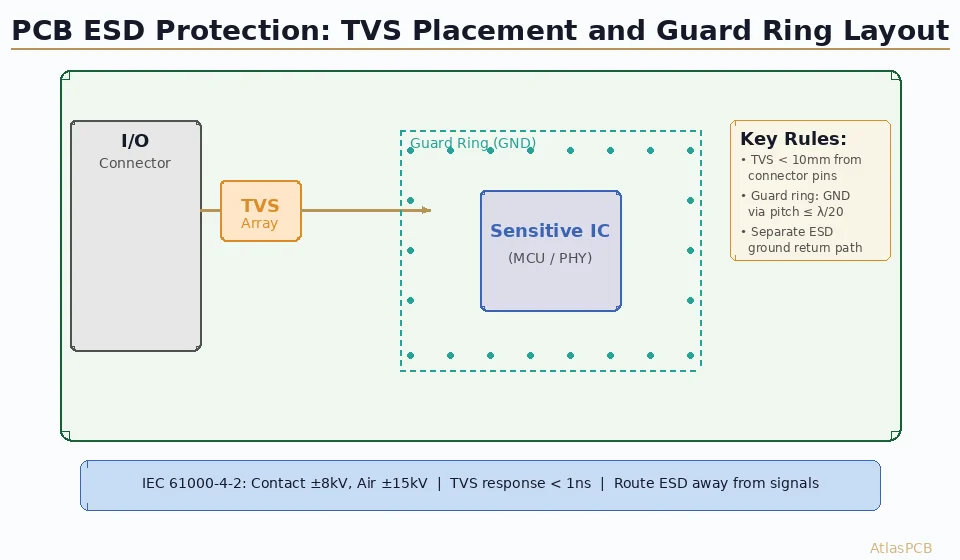 PCB ESD Protection Design: TVS Selection, Guard Ring Layout, and IEC 61000-4-2 Compliance