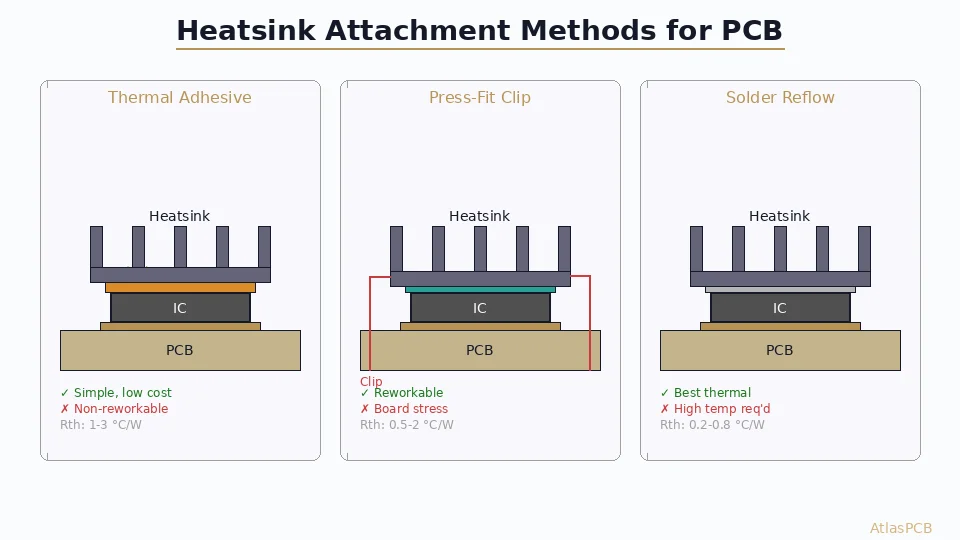 PCB Heatsink Attachment Methods: Thermal Adhesive, Mechanical Clip, and Solder Reflow Mounting