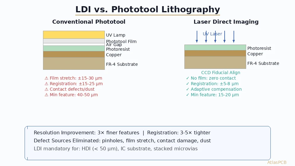 PCB Laser Direct Imaging (LDI): Resolution Advantages Over Phototool Lithography for Fine-Pitch HDI Manufacturing