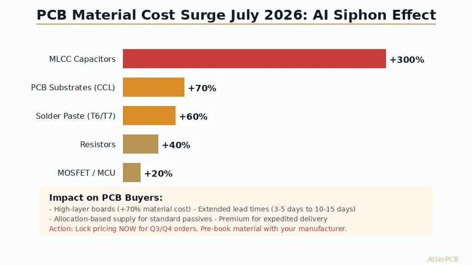 PCB material cost surge breakdown showing AI siphon effect on pricing July 2026