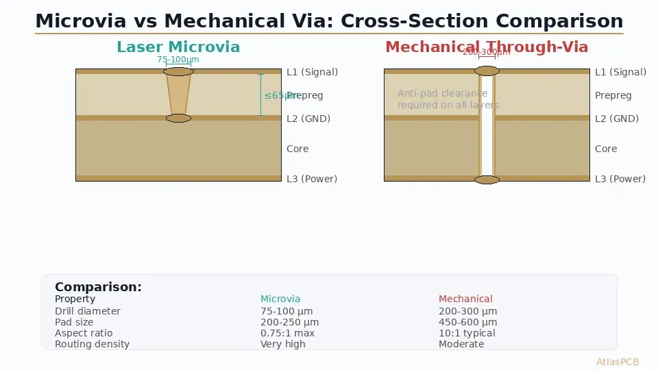 Microvia vs mechanical via cross-section showing laser microvia dimensions (75-100µm drill) compared to standard through-via (200-300µm)
