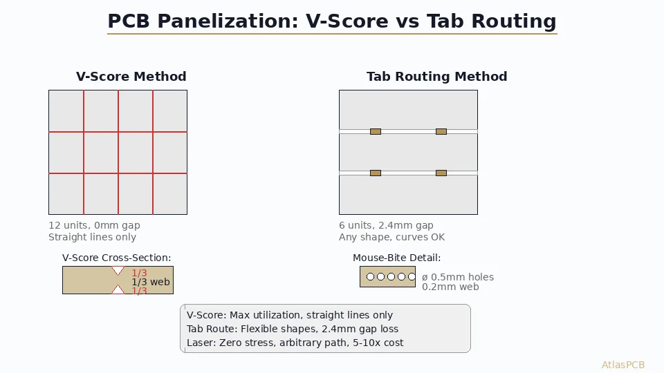 PCB Panelization and Depaneling: V-Score, Tab Routing, and Laser Singulation Methods