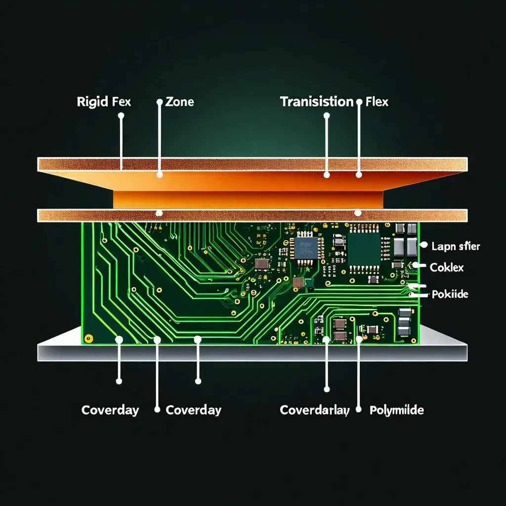 Rigid-flex bend zone cross-section showing stress distribution, neutral axis, and critical design features