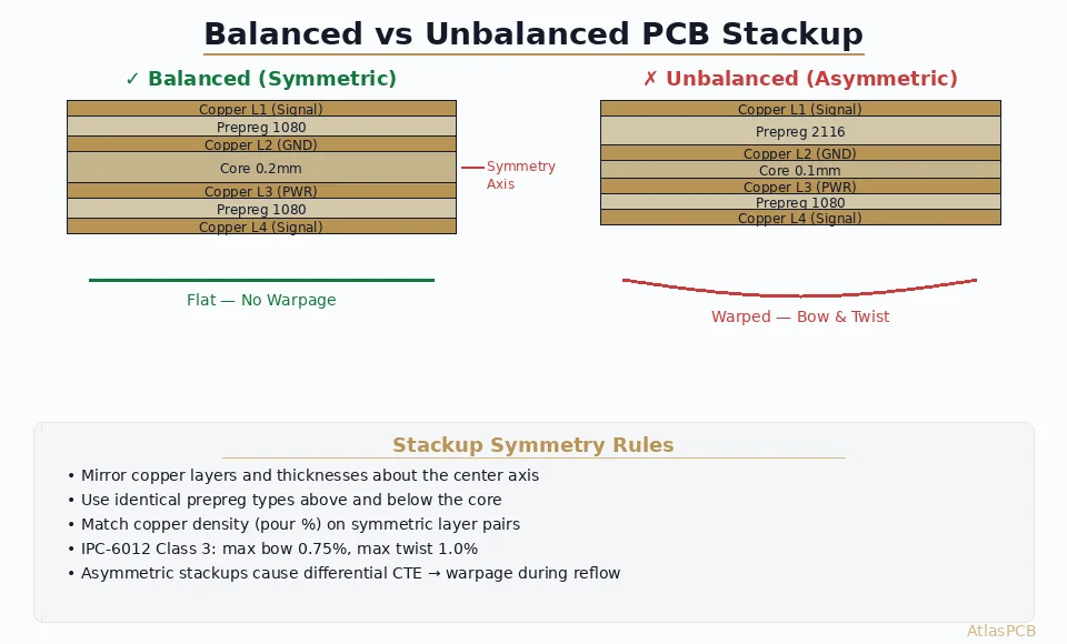 PCB Stackup Symmetry: Why Balanced Lamination Prevents Warpage in Multilayer Boards
