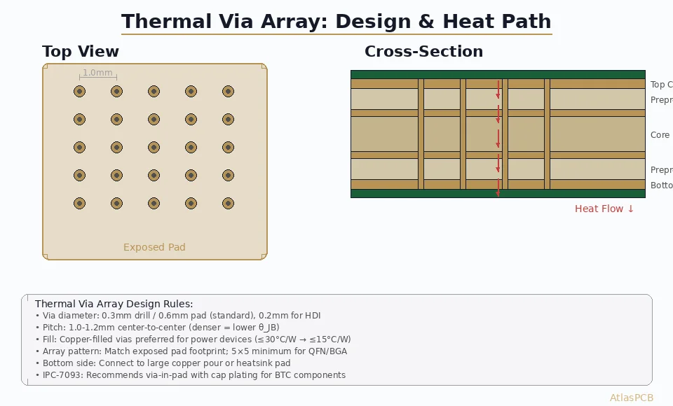 PCB Thermal Via Arrays: Design Rules, Copper Fill, and Heat Dissipation for Power Electronics
