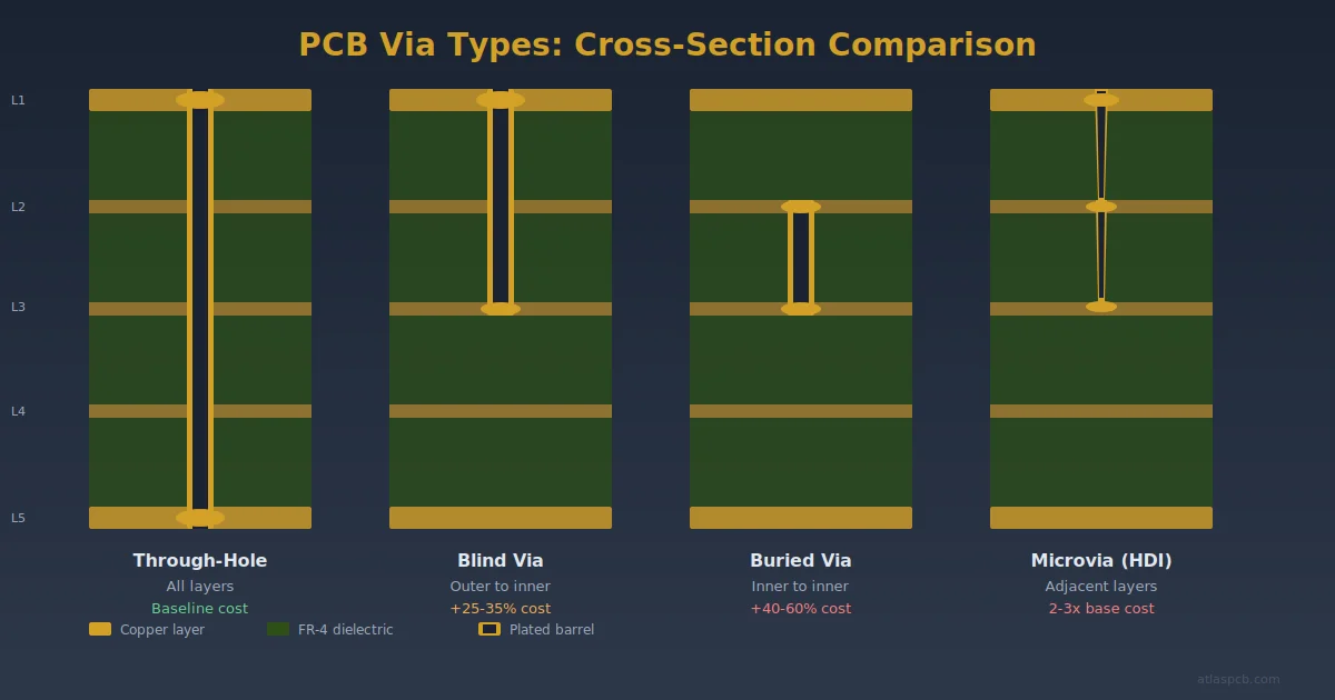 PCB Via Types: Through-Hole, Blind, Buried, and Microvia — Complete Cost and Design Guide