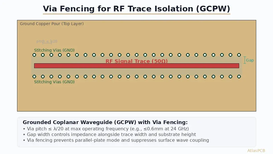 Via fencing for RF trace isolation showing grounded coplanar waveguide (GCPW) top view with stitching vias and pitch dimensions