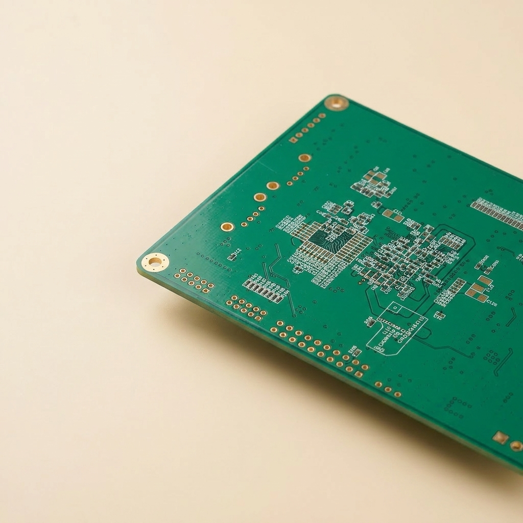 High-density multilayer PCB with fine-pitch traces on warm cream surface