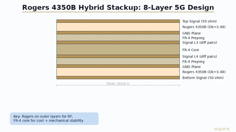 8-layer hybrid Rogers 4350B stackup cross-section for 5G PCB design
