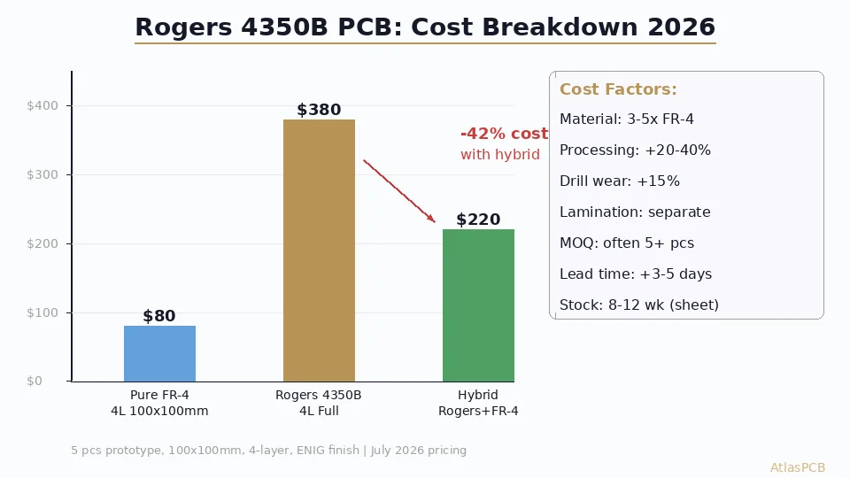 Rogers 4350B PCB Pricing in 2026: Full Cost Breakdown, Hybrid Stackup Savings, and Minimum Order Economics