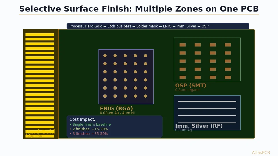 Selective Surface Finish on PCB: Combining ENIG, OSP, Hard Gold and Immersion Silver on One Board