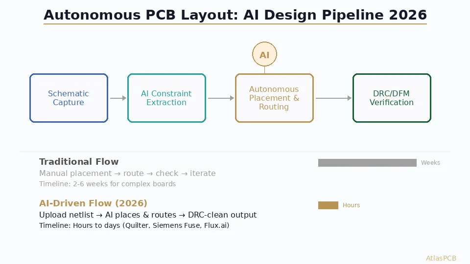 Autonomous PCB layout pipeline showing the flow from schematic to AI-driven placement and routing