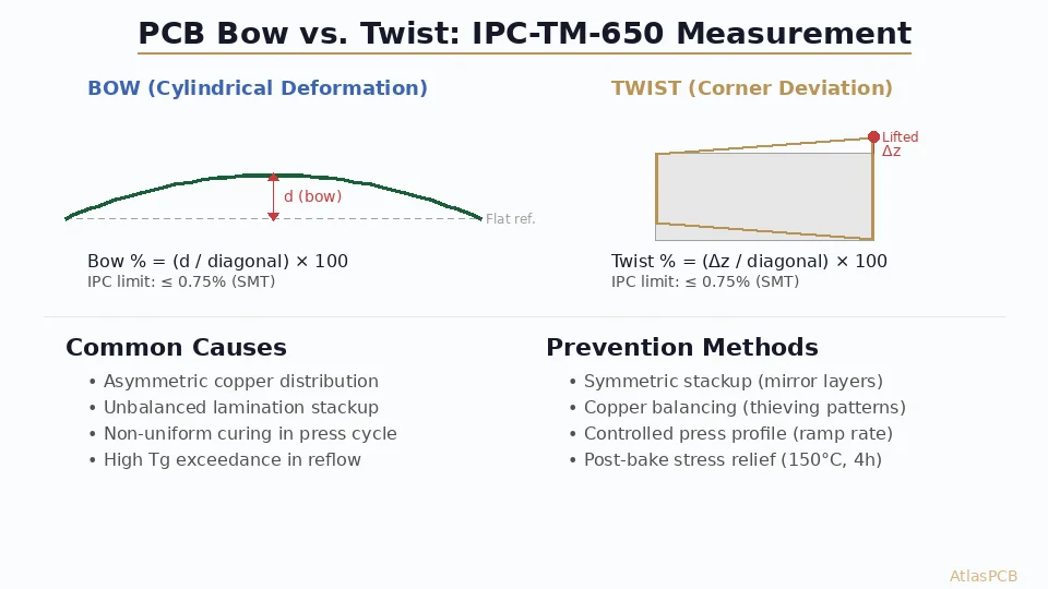 PCB bow and twist measurement showing IPC-TM-650 methods