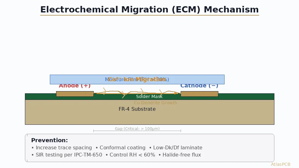 Electrochemical migration mechanism showing dendrite growth between PCB copper traces
