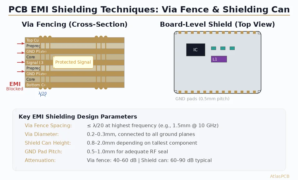 PCB EMI shielding diagram showing via fence cross-section and board-level shield can